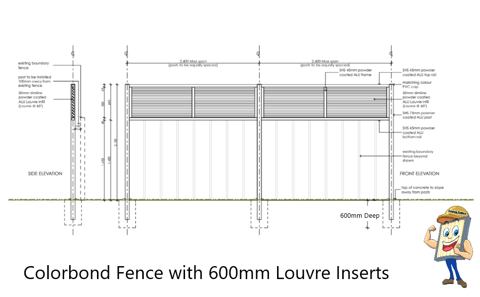 Architectural drawing of a Colorbond fence with louvre inserts