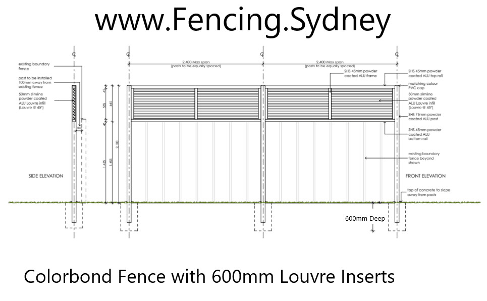 Architectural drawing of a Colorbond fence with louvre inserts
