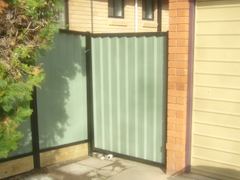 Colorbond Single Gate. Black Frame with Mist Green Sheets.