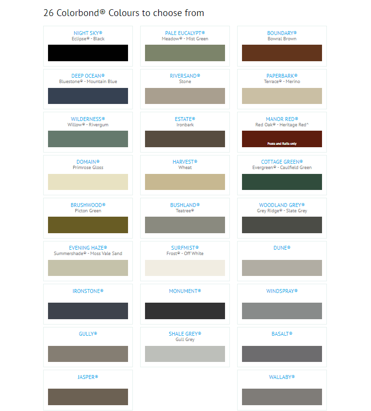 Colorbond fencing colour chart showing the available Colorbond colours