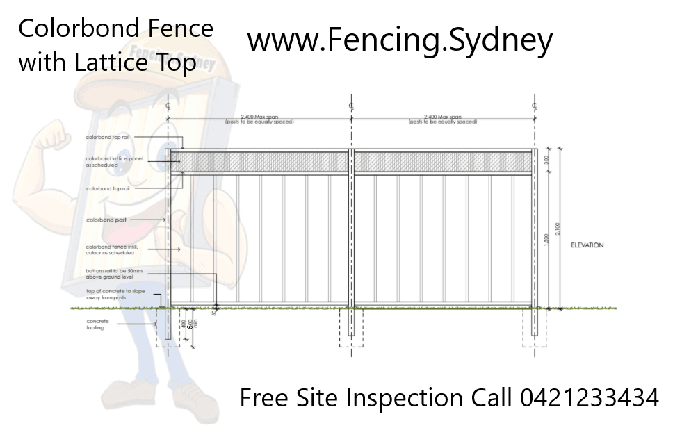 Architectural drawing of a Colorbond fence with lattice top