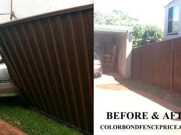 Composite showing a brown Colorbond panel blown onto a car and the rebuilt brown fence