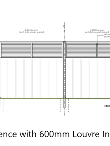 Elevation drawing of a Colorbond fence with a louvre insert along the top rail