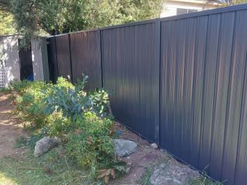 Close view of charcoal Colorbond privacy sheets with garden growth at the base