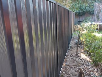 Close view of dark Colorbond privacy sheets with foliage beside the posts