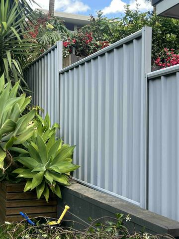 Light grey Colorbond privacy fence behind leafy garden plants