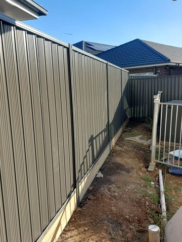 Beige Colorbond privacy fence with a white pool-mesh gate on a dirt yard