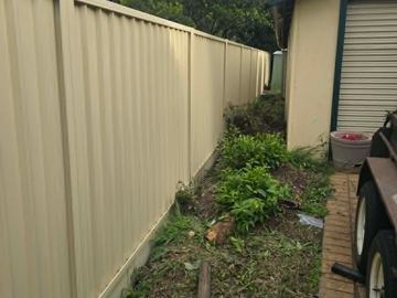 Cream Colorbond privacy fence running toward a matching roller door