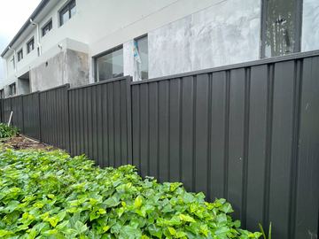Charcoal Colorbond privacy fence running beside leafy garden plants and a white house