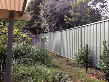 The scene shows a mid grey corrugated steel fence where sleepers form the base.