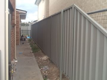 Pale Colorbond privacy fence running down a narrow concrete path beside a house
