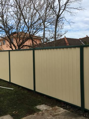 Cream Colorbond privacy fence with dark posts across a lawn, with a bucket on the grass