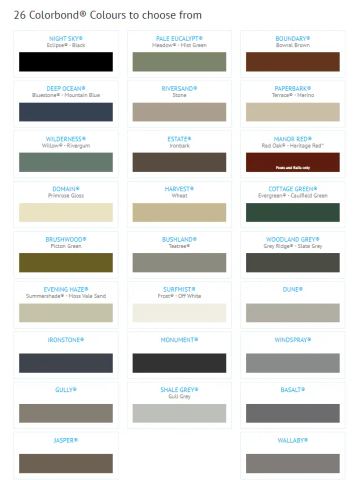 A printed chart displays the full Colorbond palette with named swatches for fence sheet and post colours.