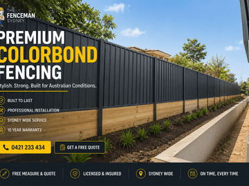 Marketing layout promoting Colorbond privacy fencing with contact details.