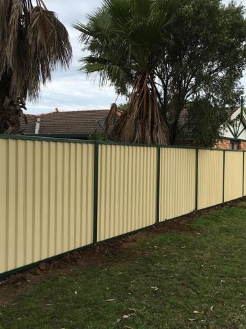 Cream Colorbond privacy fence with green posts along a side lawn
