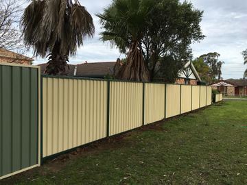 Cream Colorbond privacy fence with green posts along a side lawn