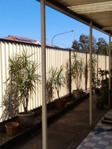 Cream Colorbond privacy fence under a covered patio with potted plants along the line