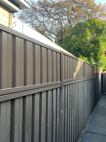 Mid grey Colorbond privacy fence running along a side path to a brick house
