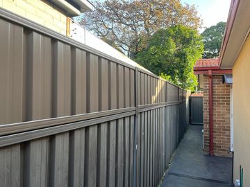 Mid grey Colorbond privacy fence running along a side path to a brick house