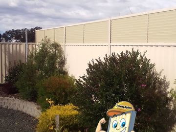 Cream Colorbond privacy fence standing behind garden shrubs on a lawn