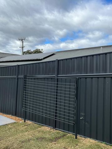 Charcoal Colorbond shed wall with a matching mesh pedestrian gate on a concrete pad