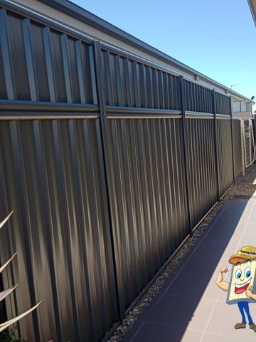 Charcoal Colorbond privacy fence running down a narrow side alley beside a house