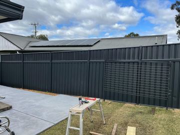 Charcoal Colorbond privacy fence with a mesh pedestrian gate on a concrete courtyard