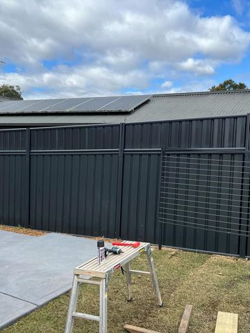 Charcoal Colorbond privacy fence with a mesh pedestrian gate on a concrete courtyard
