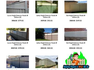 A catalogue grid compares louvre, lattice, slat and sheet extension kits on various Colorbond fence colours.