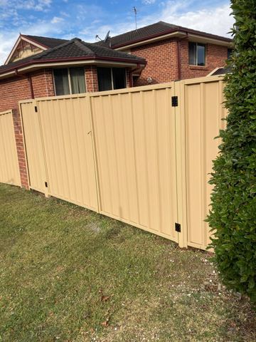 Cream Colorbond pedestrian gate set in a matching fence beside garden hedging