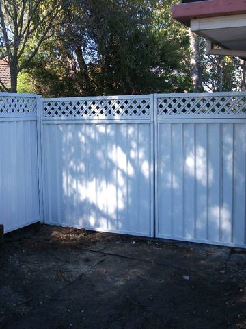 The scene shows a mid grey corrugated steel fence where a gate sits in the run, residential buildings appear beyond the line.