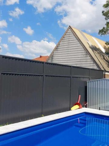 Charcoal Colorbond privacy fence meeting a white neighbour fence on a shared boundary