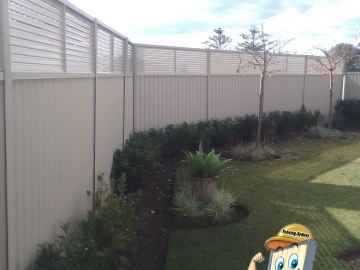 Cream Colorbond privacy fence on a lawn with a young tree planted beside the line