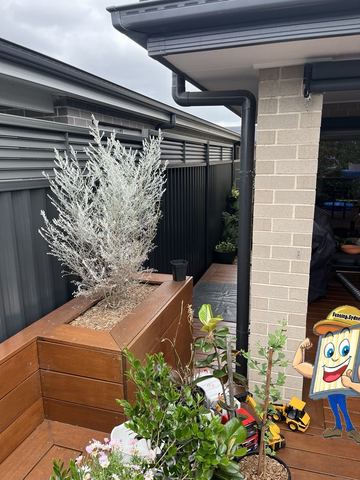 Charcoal Colorbond privacy fence beside a timber planter box under an eave