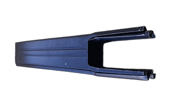 A matte charcoal post lies angled to show its ribbed face and open panel slot on a white field.