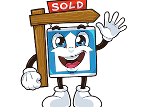 Fencing company character holding a sold signboard