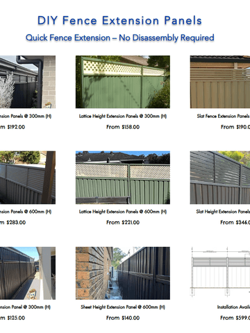 A grid advertises louvre, lattice, slat and sheet extension panels in cream, green and charcoal with prices and heights.