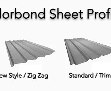 Illustrations compare angular zig-zag corrugations with wider Trimdek ribs on grey sample panels.