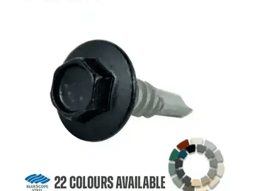 A self-drilling screw with a dark flanged head is shown beside a colour wheel of matching fence fasteners.