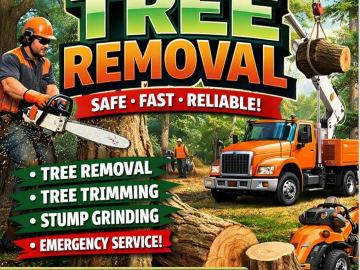 Promotional artwork for tree removal, trimming and stump grinding before a new fence