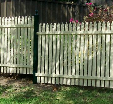 Cream pointed pickets on heritage-green posts step beside lawn with charcoal corrugated fencing and shrubs behind.