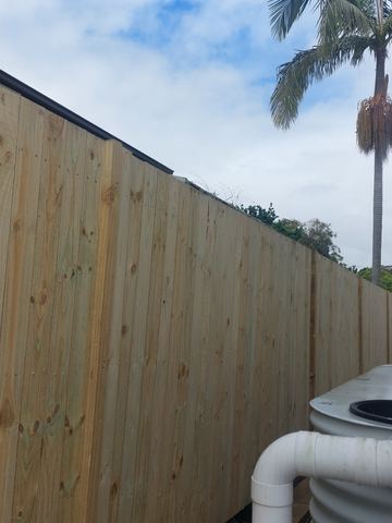 New treated pine palings beside paved areas.