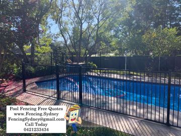 Black picket pool panels and a latched gate surround blue pool water on stone coping with blossom petals nearby.
