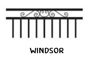 Line drawing of a tubular panel with scrollwork between twin top rails and flat pickets below.