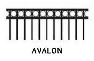 Catalog drawing showing flat-top pickets and a double rail with circular ring inserts.