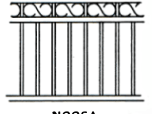 Drawing with interlocking scrollwork between double top rails.