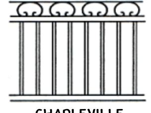 Drawing of vertical pickets with repeating S-scroll ornaments between double top rails.