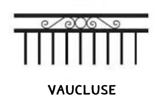 Panel drawing with scroll inserts in a trapezoid bay between rails.
