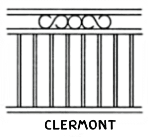 Drawing with flowing scroll frieze between two top rails above pickets.