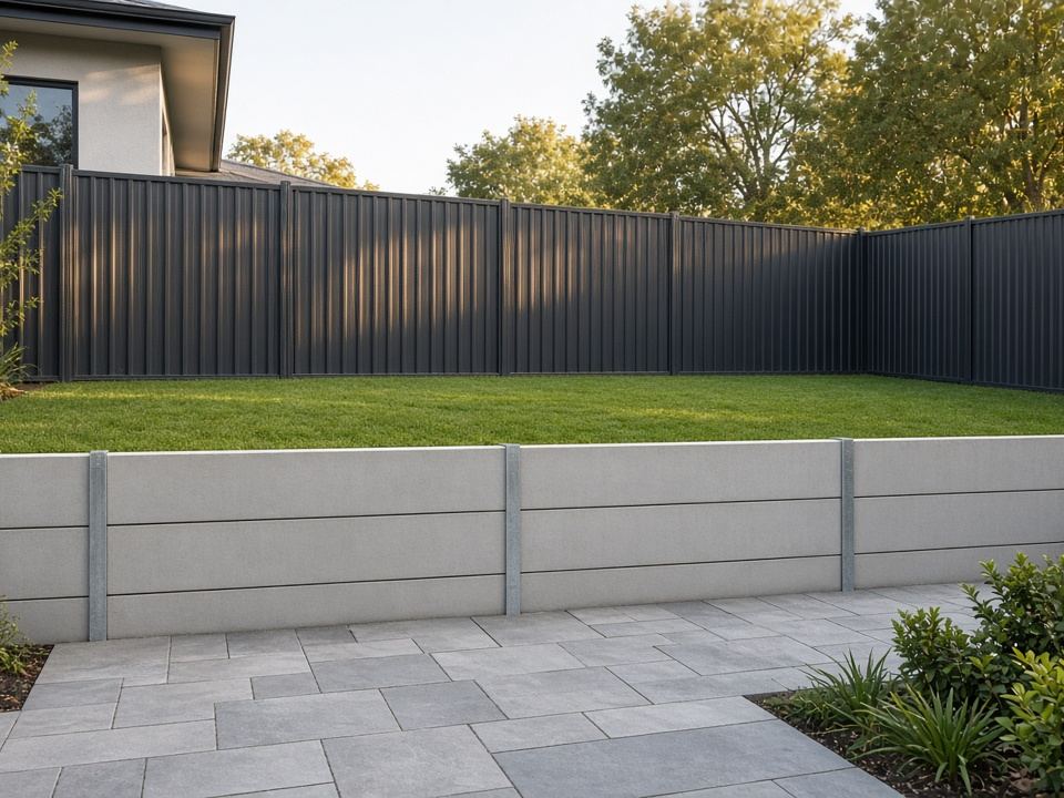 Monument Colorbond fence above a two-course concrete sleeper retaining wall on a Sydney boundary